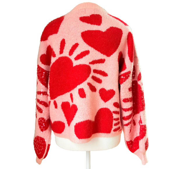 Luna Ivy Sequin Heart Sweater Pink Red Medium Boxy Preppy Y2K Glam Playful - Picture 10 of 10